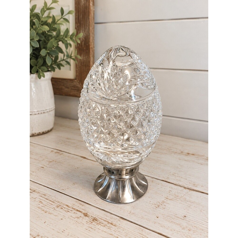 Vintage Avon Clear Lead Crystal Egg Pewter Stand w Box 1993 Paperweight Decor